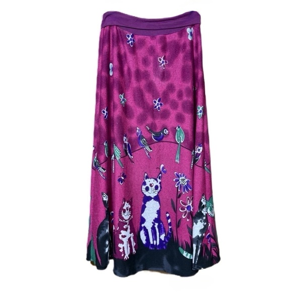 CAT Kitty themed A-line knit sweater skirt w BIRDS in pink green purple S or M - Picture 4 of 11